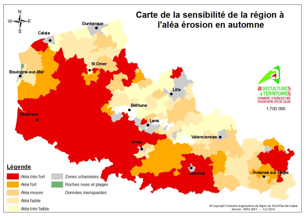 Carte de la sensibilité de la région à l'aléa érosion en automne